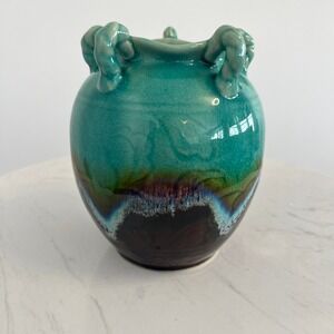 Handcrafted Ceramic Vase Turquoise Glaze Handles Made in Vietnam Home Decore